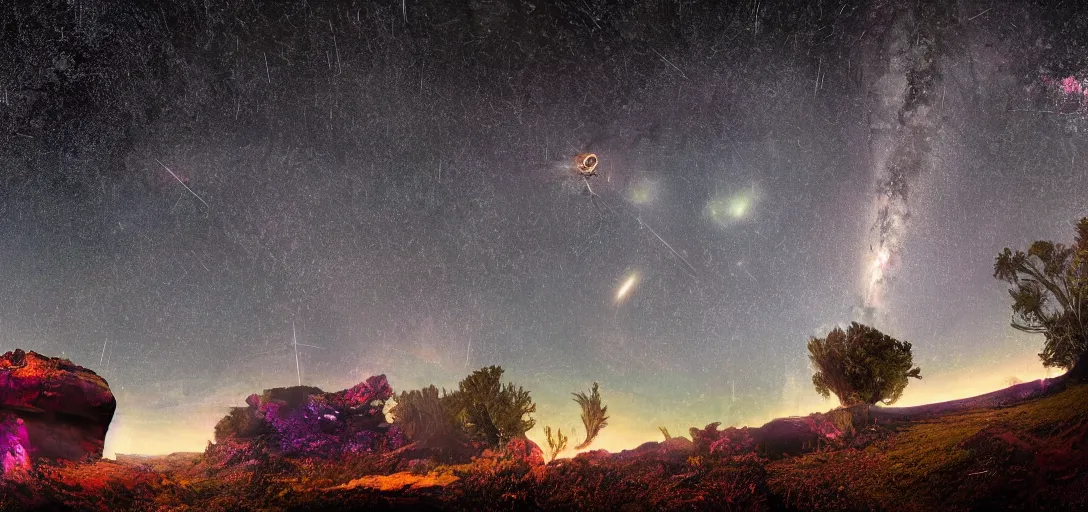 Image similar to A meteor shower illuminating a dark night sky, UFOs are flying around in the atmosphere, highly detailed, digital photo, HDRI, by christopher bretz and kael ngu, vivid colors, high contrast, 8k resolution, intricate, photorealistic, smooth, psychedelic color scheme, concept art, award winning, behance contest winner