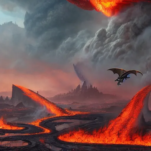 Image similar to dragon flying over a city, fire, lava, smoke, ethereal, matte painting, highly detailed, by eddie mendoza 8 k resolution