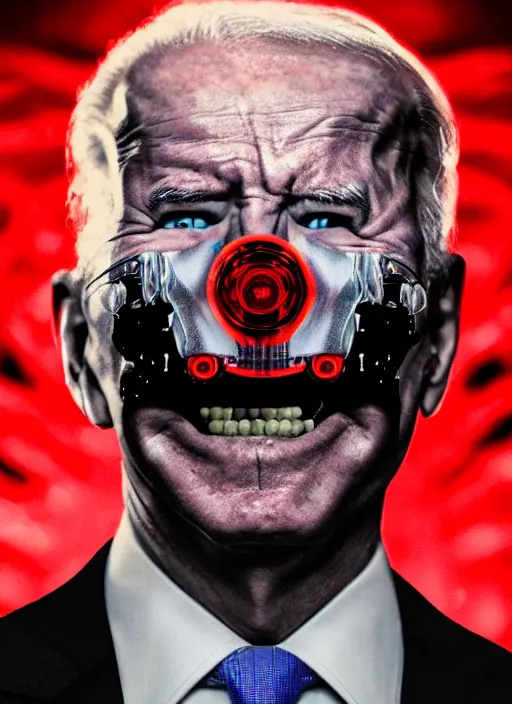 Image similar to hyper realistic ultra realistic cyborg photo Doom furious glowing red eyes biden