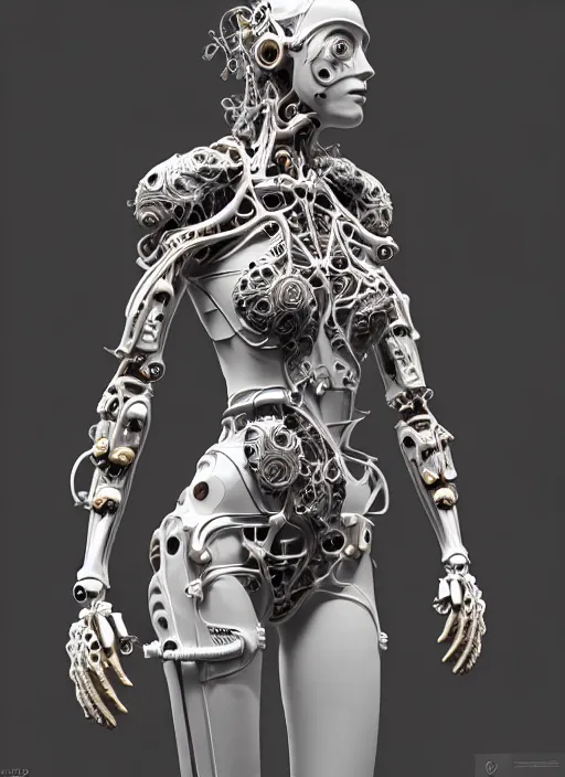 Image similar to bw 3 d model, biomechanical female cyborg with porcelain profile face and a big floral eye, big leaves foliage and stems, morning glory flowers, hibiscus flowers, boho floral vines, sinuous fine roots, fine filigree foliage lace, alexander mcqueen, rim light, art nouveau fashion pearl embroidered, steampunk, redshift render, artstation, 8 k