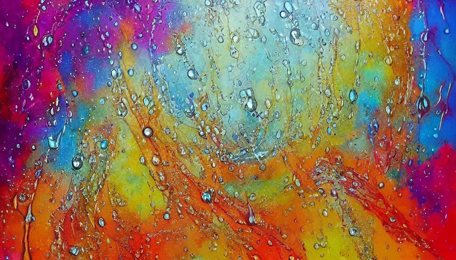 Image similar to painting on canvas, watedrops, water droplets, acrylic painting, acrylic pouring, painting, influencer, artstation - h 8 0 0