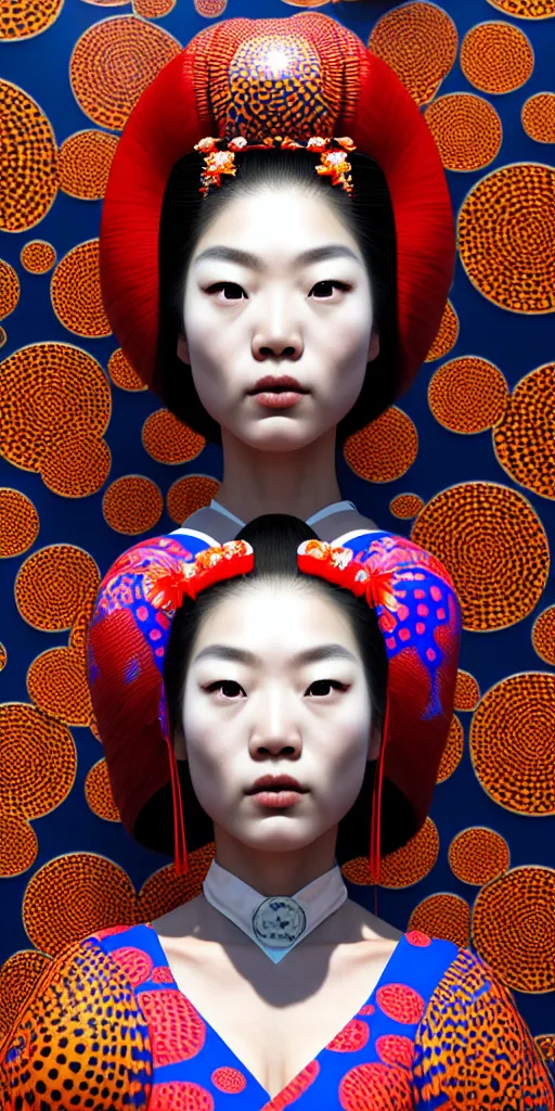 Image similar to hyperrealistic detailed image of a geisha in a art installation room, hd smooth interior by yayoi kusama, part by kei mieno, part by ross tran, dark art by james jean, ultra realistic, highly detailed, life like face, detailed body, 8 k, 3 d render by roger magrini, masterpiece