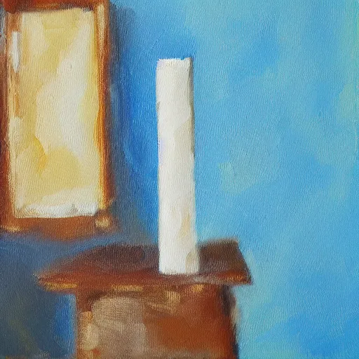 Image similar to oil painting of a of paper standing vertically against a blue background, impressionist artwork