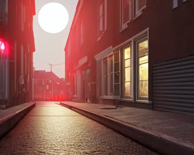 Image similar to view of a moonlit street in de rosse buurt, a window with a red light containing an nvidia gpu in a miniskirt, photorealistic atmospheric sensual lighting