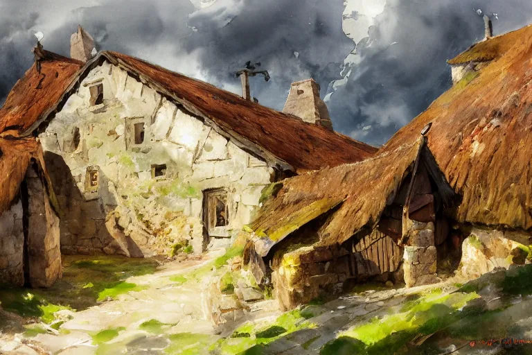 Prompt: paint brush strokes, abstract watercolor painting of village, within castle stone wall, medieval straw roof, scandinavian viking age, ambient lighting, art by hans dahl, by jesper ejsing, art by anders zorn, wonderful masterpiece by greg rutkowski, cinematic light, american romanticism by greg manchess, creation by tyler edlin