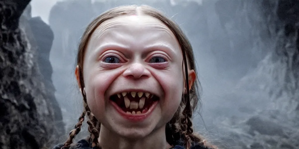 Prompt: greta thunberg as gollum, holding the ring up,!!! my precious!!!, big wide open eyes, creepy smile, inside a cave, fog, dark cinematic, moonlight, still shot from the new lord of the rings movie