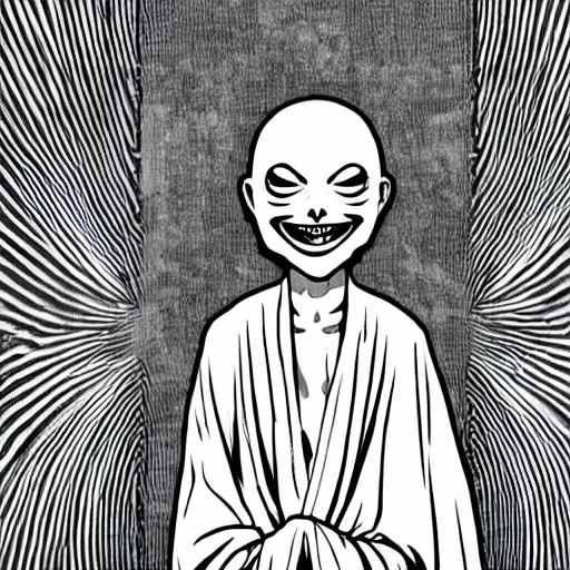 Prompt: A hunched figure wearing white robes with a smiling Greek theater mask, white robes, smiling mask, theater mask, greek mask, ancient greece, creepy smile, hunched figure, manga art, manga, Junji Ito, Junji Ito artwork, Ito Junji art, 4k