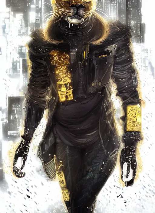 Image similar to award winning beautiful portrait commission of a male furry anthro lion fursona with a tail and a cute beautiful attractive detailed furry face wearing stylish black and gold cyberpunk clothes in a cyberpunk city at night while it rains. Character design by charlie bowater, ross tran, artgerm, and makoto shinkai, detailed, inked, western comic book art