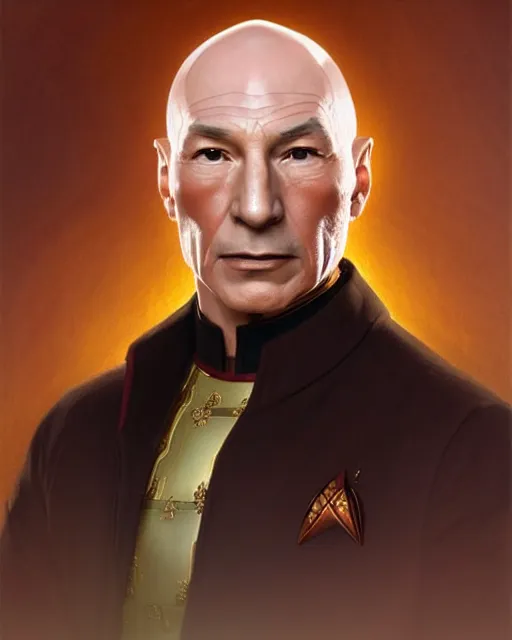 Image similar to Portrait of Jean Luc Picard but he is chinese, real life skin, intricate, elegant, highly detailed, artstation, concept art, smooth, sharp focus, art by artgerm and greg rutkowski and alphonse mucha