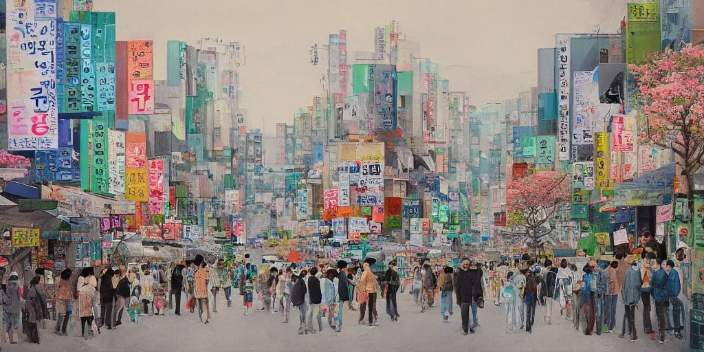 Prompt: streets of hongdae, hangeul, photorealism, spring, wide shot, by Lim Eung-Sik