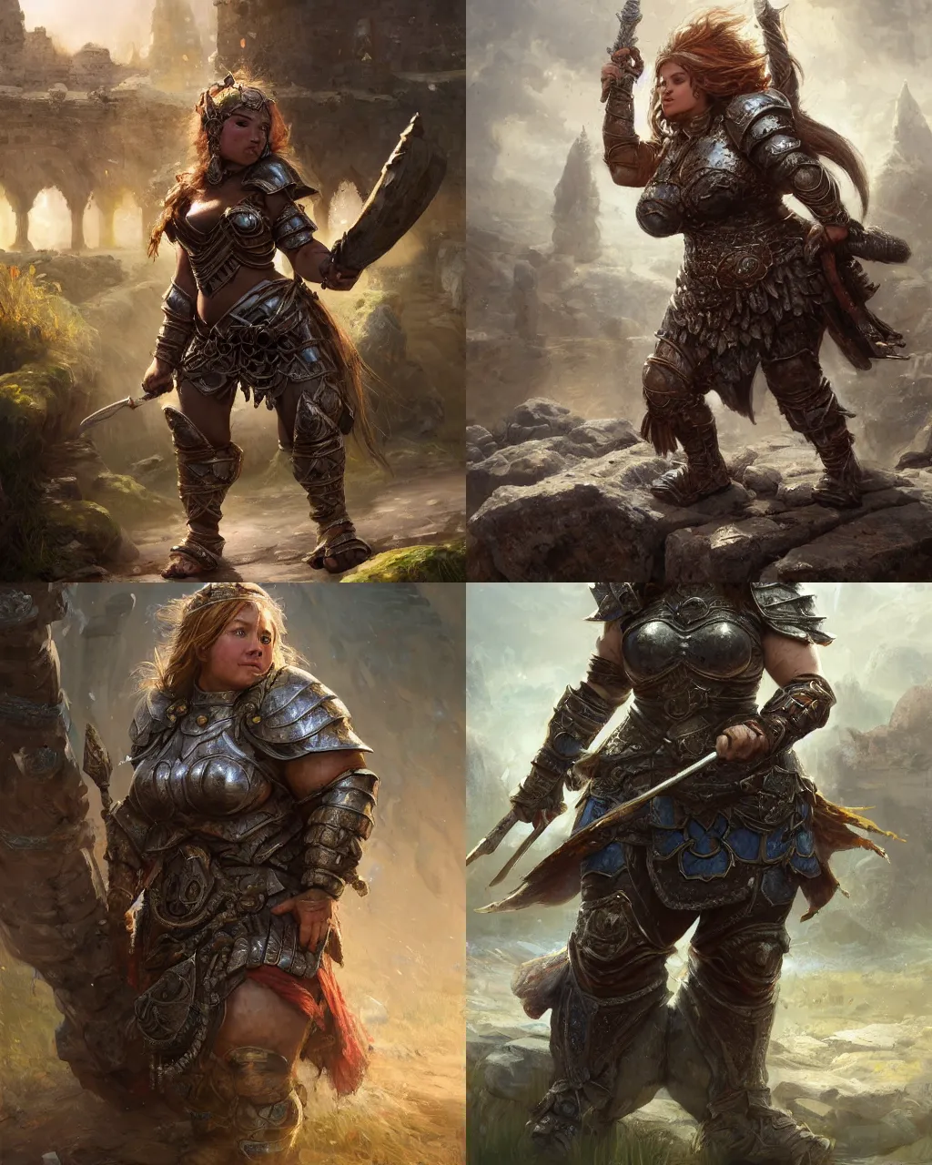 Prompt: robust female dwarf warrior wearing heavy plate armor, strong chubby stocky body, at the stone ruins, rpg artwork, hyperdetailed, hyperrealistic, soft light, imposing presence, pino daeni and dan mumford, artstation, intricate metal, smooth, sharp focus