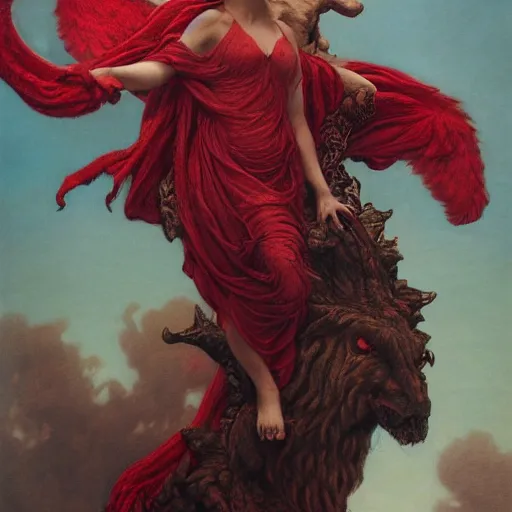 Prompt: a masterpiece! matte painting portrait of a scarlet - colored beast with seven ( 7 ) heads and ten ( 1 0 ) horns by gustave dore and stephen hickman and allen williams, trending on artstation, cgsociety, 8 k hd, earthtone colors, a cloaked woman riding the back of the beast