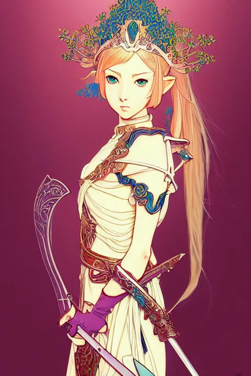 Prompt: portrait of a elegant female elven knight, detailed, yuya nagai, Ilya Kuvshinov, murata range, kawaii, vibrant bright colors, mystical, japanese, beautiful, dreamy, alphonse mucha, 1980s, jean giraud, high saturation, fantasy, makoto shinkai