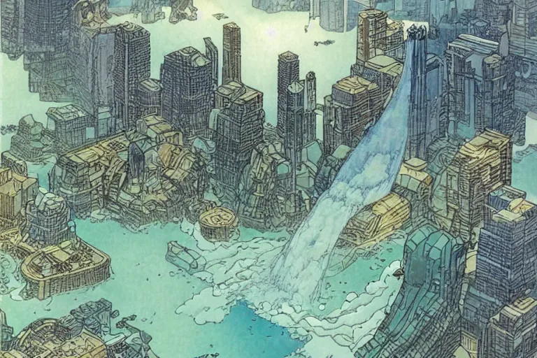 Image similar to a metropolis built on a island floating above the sea in the sky, waterfalls fall from the island into the sea, by moebius