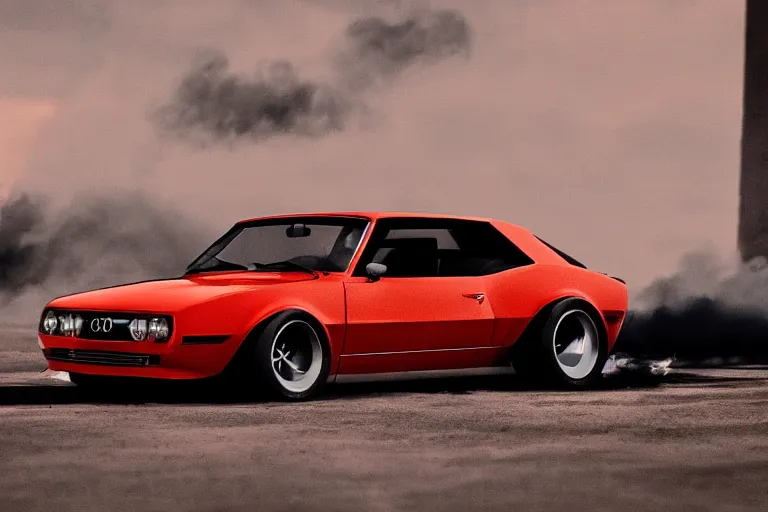 Image similar to audi camaro b 1 ( 1 9 6 9 ) drifting, phonk music background, smoke behind wheels, noise, dark, establishing shot, neon lines