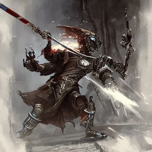 Prompt: a wizard hitting a robot with a staff, fantasy, concept art, dramatic, action shot, hyper detailed