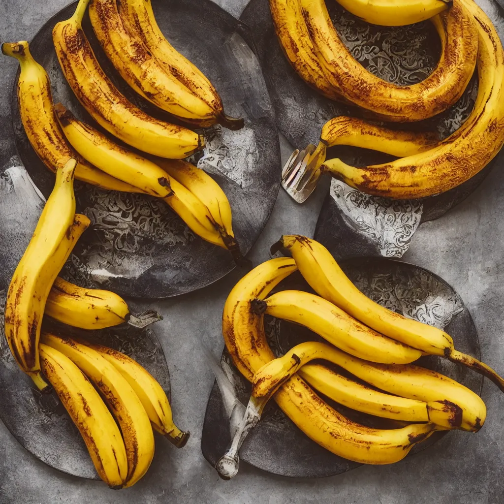 Image similar to roasted bananas with decorative orange skin, in designer plate with flowery pattern, closeup, hyper real, food photography, high quality