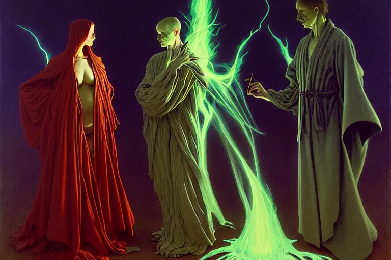 Prompt: the female arcanist and the male artificer by zacharias aagaard and albert bierstadt and gerald brom and zdzisław beksinski and james gilleard and wayne barlowe and jean delville, beautiful, robes, highly detailed, hyperrealistic, intricate, energy, electricity, blue flame, low light, green crystal, high contrast