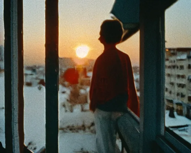 Image similar to lomo photo of pair standing on small hrushevka balcony full with cigarette smoke in small russian town looking at sunset, cinestill, bokeh