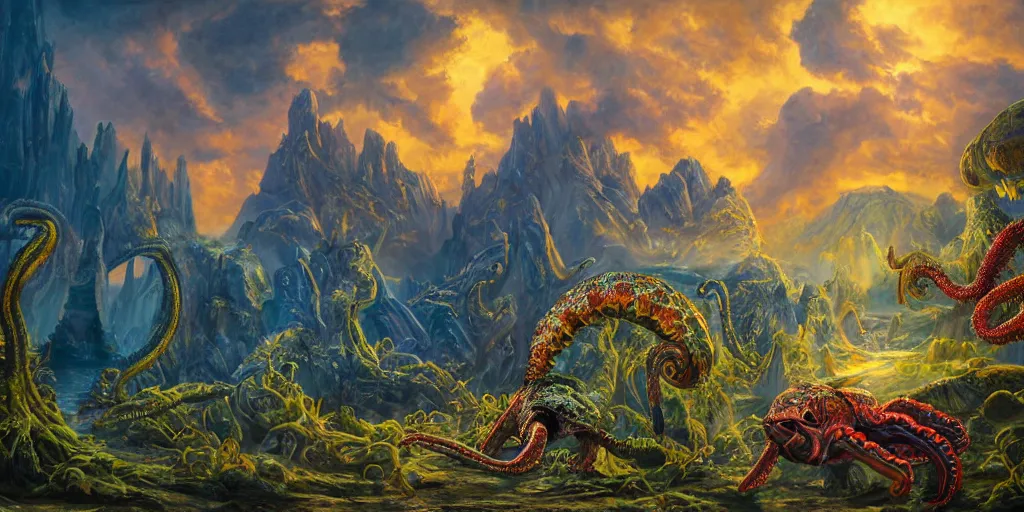 Image similar to fantasy oil painting, great leviathan, cybernetic turtle cephalopod terrapin reptilian pachyderm squid, bella hadid, hybrid, milla jovovich, anubis, epic natural light, lush plants flowers, spectacular mountains, bright clouds, luminous sky, outer worlds, golden hour, michael cheval, edward hopper, michael whelan, vray, hd