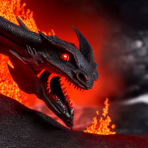 Prompt: black dragon with red eyes guarding his treasure in a lava cave, 4k, ultra realistic