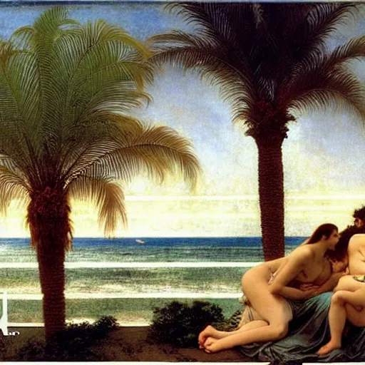 Prompt: Balustrade party, thunderstorm, greek pool, beach and palm trees on the background major arcana sky, by paul delaroche, alphonse mucha and arnold böcklin arnold böcklin hyperrealistic 8k, very detailed