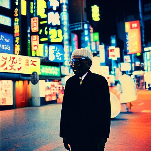 Image similar to old black man in tokyo at night, wearing ski goggles, cinestill 8 0 0,