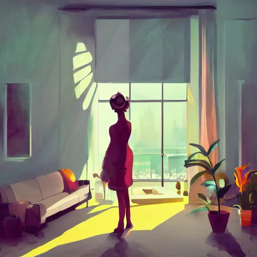 Image similar to giant flower as head, woman next to modern windows, luxury apartment, surreal photography, dramatic light, impressionist painting, digital painting, artstation, james gilleard