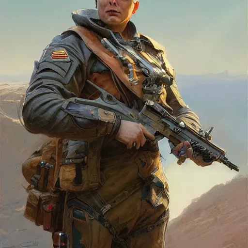 Image similar to Elon Musk as a soldier, closeup character art by Donato Giancola, Craig Mullins, digital art, 8k , highly detailed face