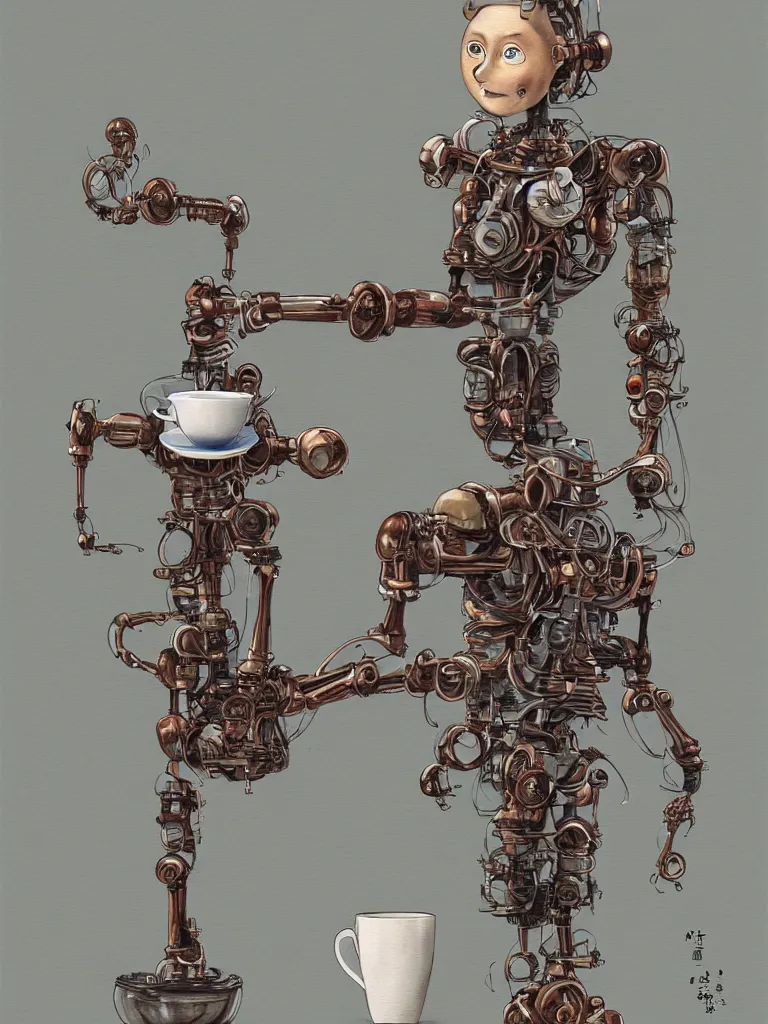 Prompt: full-length portrait of a singular old mechanical humanoid robot offering a cup of steaming coffee, by Yoshita Amano, sharp focus, fresh colors, deviantart, conceptart