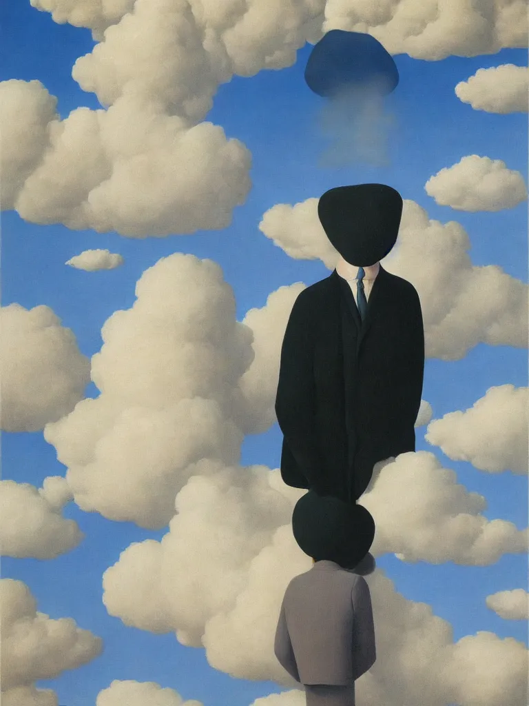 Image similar to portrait of a cloud man by rene magritte, detailed painting, hd, hq, high resolution, high detail, 4 k, 8 k