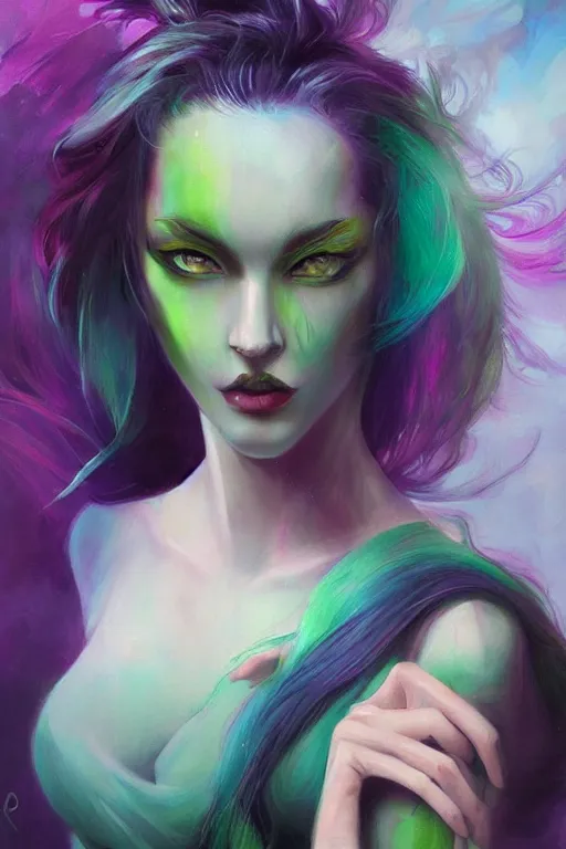 Prompt: a psychedelic woman with green hair wearing a cool grey shirt, by ross tran, oil on canvas