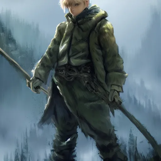 Prompt: Young blonde boy fantasy thief, realistic, ultra detailed, menacing, powerful, dark, shallow focus, forest, mountains in the background concept art design as if designed by Wētā Workshop