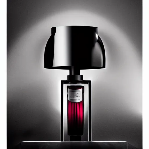 Prompt: a table lamp designed by armani in the shape of perfume, advertising photography