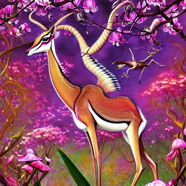 Image similar to extremely psychedelic gazelle made of orchid and cherry blossom tree and mushroom, LSD, diffuse lighting, fantasy, intricate, elegant, highly detailed, lifelike, photorealistic, digital painting, artstation, illustration, concept art, smooth, sharp focus, art by John Collier and Albert Aublet and Krenz Cushart and Artem Demura and Alphonse Mucha