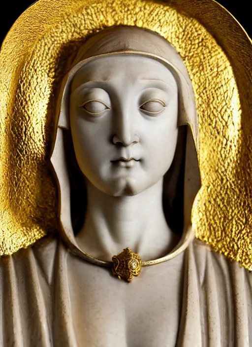 Image similar to a medieval female nun, elegant, filigree renaissance sculpture from gold and marble, brilliant symmetry, created by verrocchio andrea, leonardo da vinci, sandro botticelli, raffaelle monti, epic 7 0 mm lens shot, artstation trending, photorealism, sharp focus, smooth, establishing shot, sense of awe