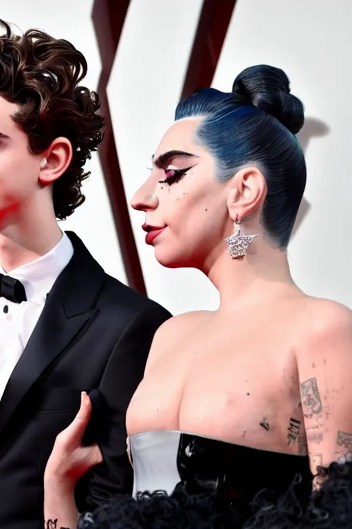 Image similar to timothee chalamet and lady gaga holding hands on the red carpet, beautiful detailed faces, canon eos