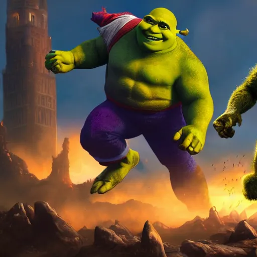 Image similar to Shrek fighting Thanos, trending on artstation, masterpiece, epic fight, establishing shot, oil on canvas