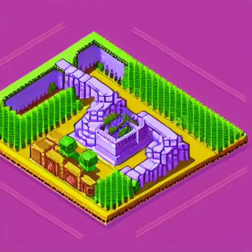 Prompt: pixelart illustration of an isometric ancient purple city