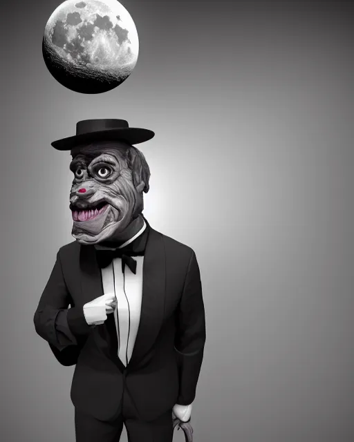 Image similar to a man in a tuxedo with a full moon on his head, an ambient occlusion render by Igor Morski, featured on cgsociety, pop surrealism, rendered in cinema4d, rendered in unreal engine, octane render