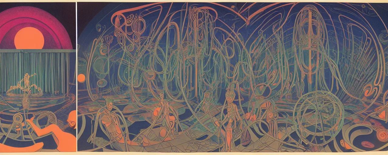 Prompt: 1968 cut out collage, theater stage, neon Greek, dusk on Jupiter, epic theater, deep sea ambience, aquatic plants, Jugendstil drawings, in part by Alex Grey, part by Moebius, composition William S Boroughs, written by H. P. Lovecraft