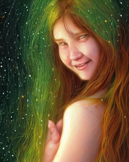 Prompt: shy young woman, smiling, amazed by the lights of golden fireflies, sitting in the midst of nature fully covered, long loose red hair, intricate linework, dreamy green eyes, small nose with freckles, oval shape face, realistic, expressive emotions, dramatic lights, spiritual scene, hyper realistic ultrafine digital art by james jean and albert bierstadt and artgerm