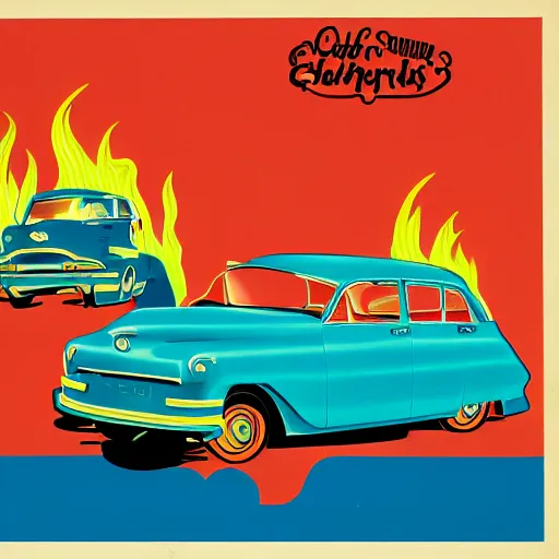 Image similar to detailed cheerful color 1950s illustration of a car on fire