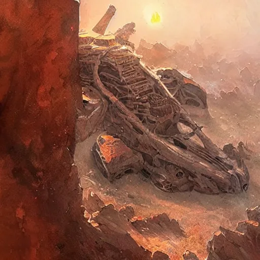 Prompt: An ancient alien ship discovered half-buried in the Australian outback, detailed fantasy art by Greg Rutkowski