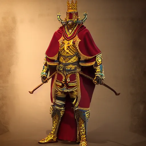 Image similar to full body painting of a highly detailed king in rope with cape, 8 k octane render, unreal engine, concept art, photorealistic