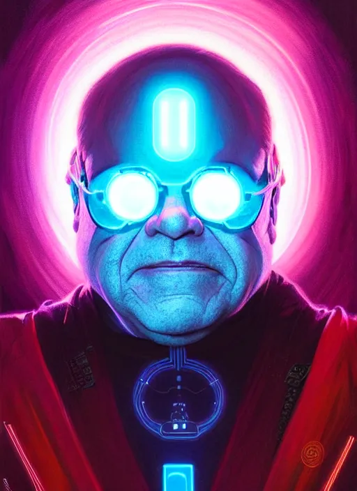 Image similar to symmetry!! portrait of danny devito, sci - fi, tech wear, glowing lights!! intricate, elegant, highly detailed, digital painting, artstation, concept art, smooth, sharp focus, illustration, art by artgerm and greg rutkowski and alphonse mucha