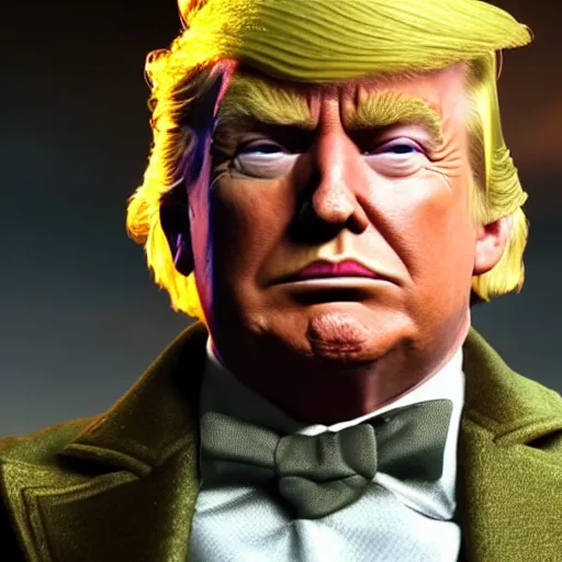 Image similar to portrait of donald trump as willy wonka in skyrim, fantasy, splash art, avengers movie, movie still, detailed face, photorealistic facial features, cinematic lighting, dramatic, octane render, long lens, shallow depth of field, bokeh, anamorphic lens flare, 8 k, hyper detailed, 3 5 mm film grain