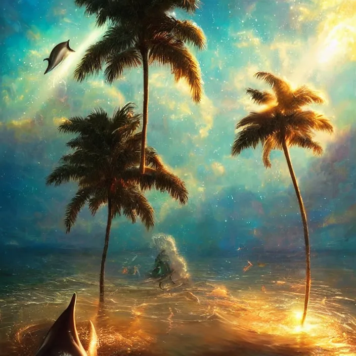 Prompt: dolphins swimming, golden hour, god rays, dreamscape by artgerm and ruan jia and ismail inceoglu and greg olsen, cosmos, milky way galaxy, masterpiece, beautiful, intricate, elegant, highly detailed, palm trees