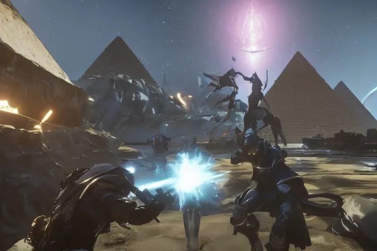 Prompt: destiny 2 lightfall expansion, the pyramids, the darkness, the light, dark guardians, gameplay footage, screenshot, ign article gameplay walkthrough still image, youtube video