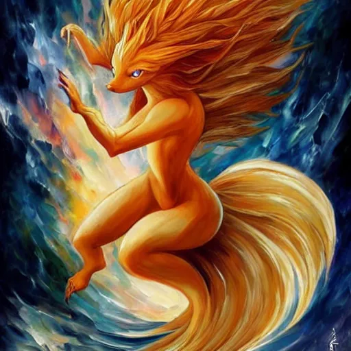 Prompt: ninetales the pokemon by arthur adams, charlie bowater, leonid afremov, chiho ashima, karol bak, david bates, tom chambers